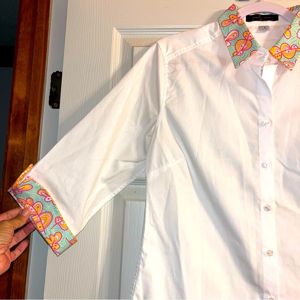 Pearly Vine Cotton Blend Poplin Preppy Button Down Blouse